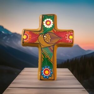 Talavera Mexican Pottery Wall Cross Hand Paint Bird Ceramic Folk Art 6”x8” EUC